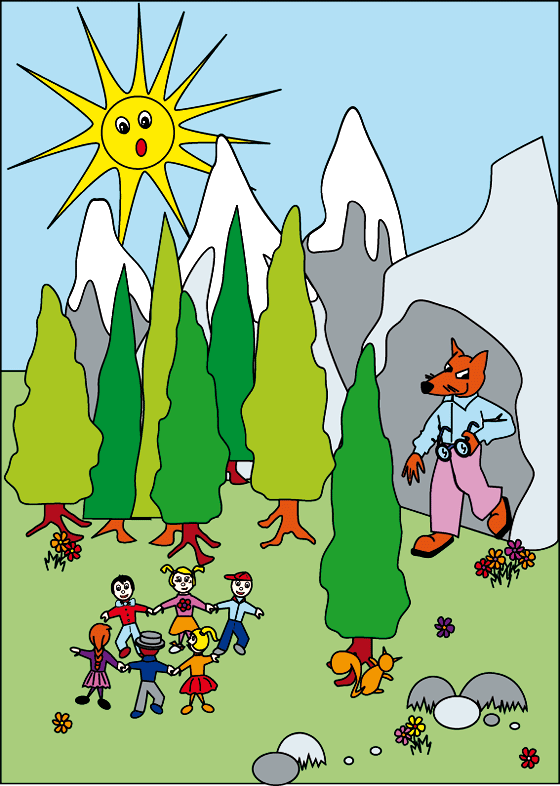 Une illustration pour enfants d'un loup et d'enfants qui dansent, illustration inspirée de la chanson pour enfants Promenons nous dans les bois. Un dessin cr par l'illustratrice Emareva.