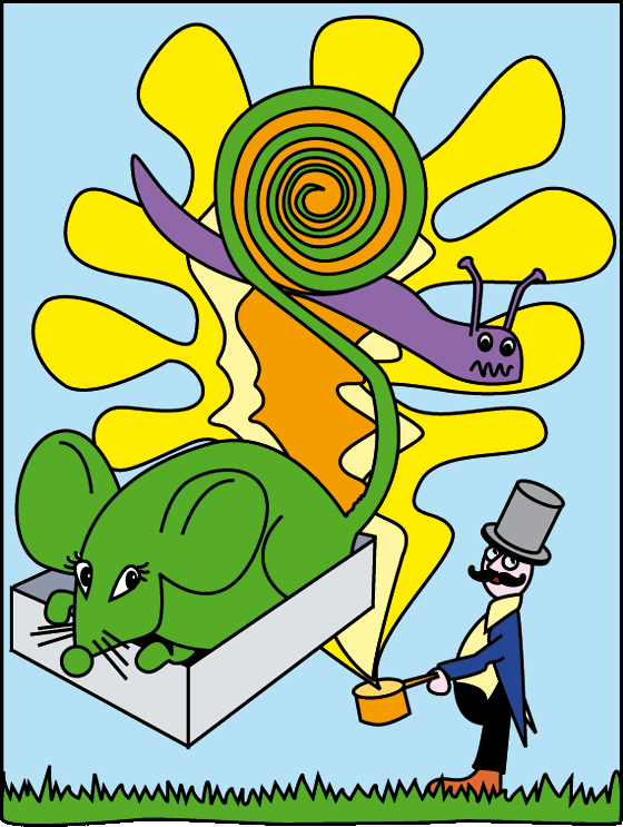 Une illustration pour enfants d'un loup et d'enfants qui dansent, illustration inspirée de la chanson pour enfants Une souris verte. Un dessin cr par l'illustratrice Emareva.