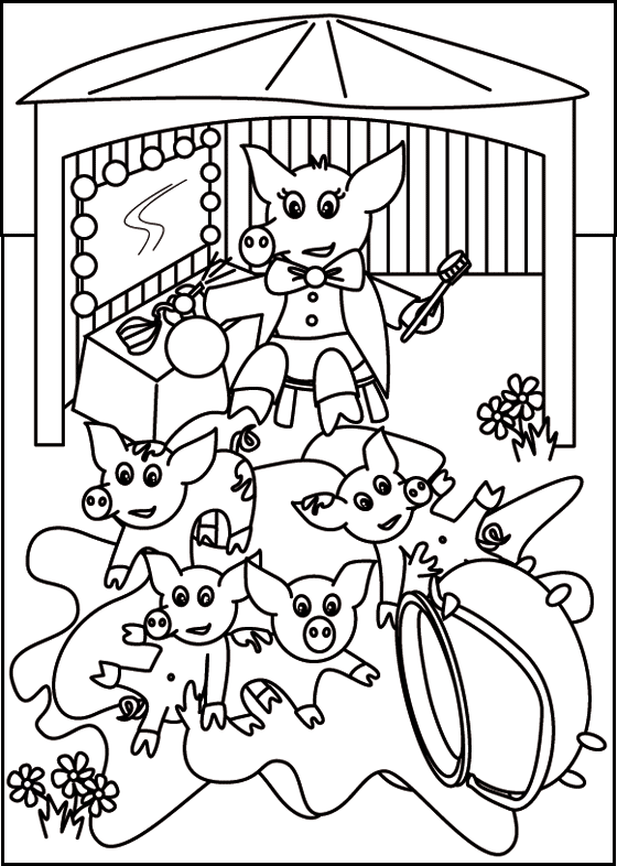 Coloriage d'un bébé cochon qui se brosse les dents et se pompone pour aller au bal. illustration inspirée de la chanson pour enfants bébé cochon.