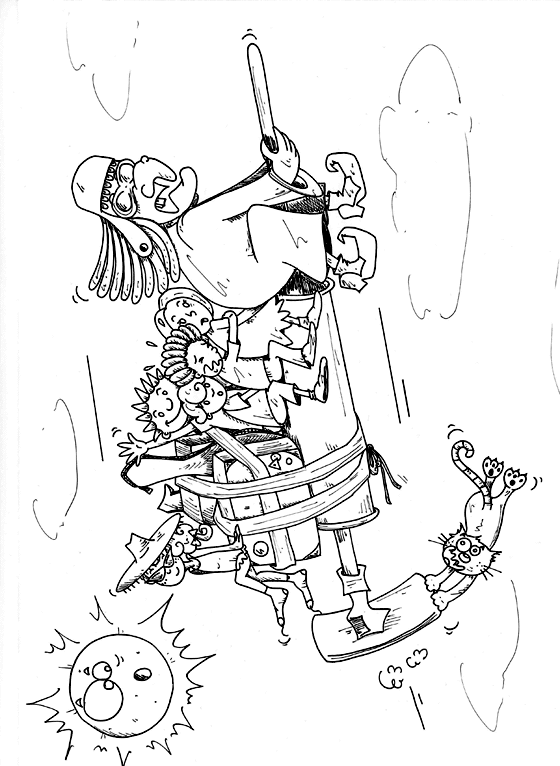 Coloriage d'une sorcire qui vole dans le ciel sur son aspirateur avec les enfants musiciens. Coloriage extrait du livre pour enfants le rock de la sorcire. Coloriage pour enfants original dessin par ane po de banane