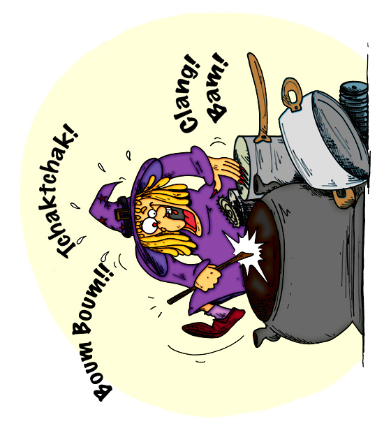 Illustration de la sorcire qui joue de la batterie sur des gamelles Illustration extraite du livre enfant le rock de la sorcire. Un dessin de annepodebanane.