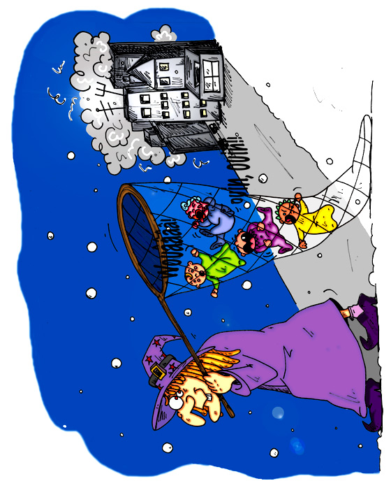 Illustration de la sorcire qui vole des bbs. Illustration extraite du livre enfant le rock de la sorcire. Un dessin de annepodebanane.