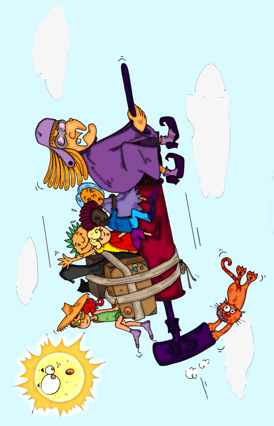 Illustration de la sorcire qui vole dans le ciel sur son aspirateur avec les enfants musiciens. Illustration extraite du livre enfant le rock de la sorcire. Un dessin de annepodebanane.