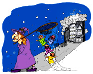 Illustrations pour enfants. La sorcière part dans la nuit pour aller dans la ville voler des bébés. Une illustration gratuite extraite du livre pour enfant le rock de la sorcière réalisée par ane po 2 banane.
