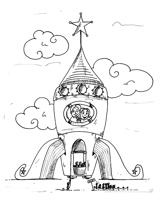 Coloriage d'une fuse pour l'organisation d'un concert de rock sur la lune. Illustration extraite du livre pour enfants le rock de la sorcire.  Des coloriages pour enfants originaux dessins par ane p 2 banane