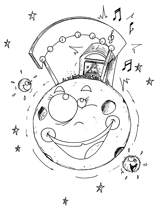 Coloriage d'une sorcire et d'un concert de rock sur la lune. Illustration extraite du livre pour enfants le rock de la sorcire.  Des coloriages pour enfants originaux dessins par ane p 2 banane