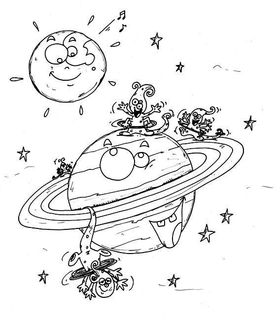 Coloriage de saturne avec des saturniens qui font la fte. Illustration extraite du livre pour enfants le rock de la sorcire. Des coloriages pour enfants originaux dessins par ane p 2 banane