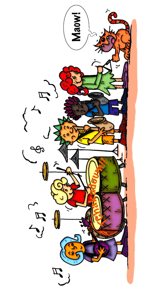 Illustration des enfants musiciens avec le chat de la sorcire qui jouent une dernire fois cette musique : Le rock de la sorcire. Illustrations extraites du livre pour enfants le rock de la sorcire.  Des dessins pour enfants originaux crs par ane p 2 banane. Une de nos illustratrices pour enfants prfres.