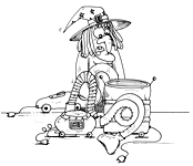 Une sorcire et son aspirateur. Un coloriage gratuit offert par Ane P 2 Banane, illustratrice pour enfants.