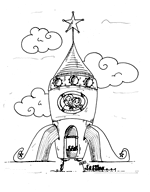 Coloriage d'une fusée pour l'organisation d'un concert de rock sur la lune. Illustration extraite du livre pour enfants le rock de la sorcière.  Des coloriages pour enfants originaux dessinés par ane pô 2 banane.