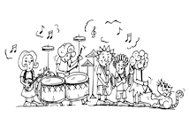 Coloriage des enfants musiciens avec le chat de la sorcire qui jouent une dernire fois cette musique : Le rock de la sorcire. Illustration extraite du livre pour enfants le rock de la sorcire. Des coloriages pour enfants originaux dessins par ane p 2 banane. Une de nos illustratrices prfres pour les enfants