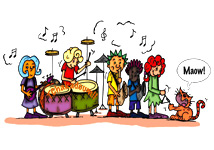 Illustration des enfants musiciens avec le chat de la sorciére qui jouent une dernière fois cette musique : Le rock de la sorcière. Illustrations extraites du livre pour enfants le rock de la sorcière.  Des dessins pour enfants originaux créés par ane pô 2 banane. Une de nos illustratrices pour enfants préférées.
