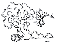 Un arbre et un moustique. coloriage gratuit inspiré de la chanson pour les enfants Petit Moustique. Un moustique pique un arbre.