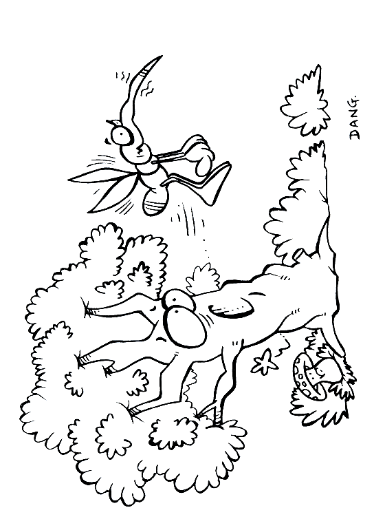 Imprimer ce coloriage pour enfants d'un petit moustique qui vient de piquer un arbre. Cette illustration inspirée de la chanson pour enfants petit moustique est dessine par l'illustrateur Dang.