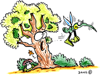 Un arbre et un moustique. Illustration pour enfants un dessin de Dang à imprimer pour travailler une technique particulière de coloriage