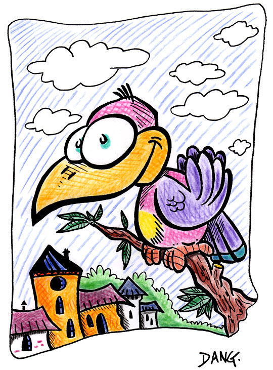 Cliquer sur le bouton imprimer dans le menu en haut  gauche pour imprimer cette illustration pour les enfants. Un petit oiseau perch sur sa branche. Cette illustration inspirée de la chanson pour enfants a la volette est dessine par l'illustrateur Dang, elle est offert gratuitement sur coloriages pour enfants.com. Si vous l'imprimez vous pourrez vous en inspirer pour travailler votre technique de coloriage.