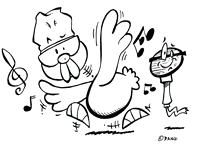 Coloriage enfant gratuit inspiré de la chanson pour enfants le Rap du Poulailler. Un dessin de Dang  imprimer pour travailler une technique particulire de coloriage, celle de Dang. Une poule chante et danse, il faut secouer les ailes, il faut tirer le cou.