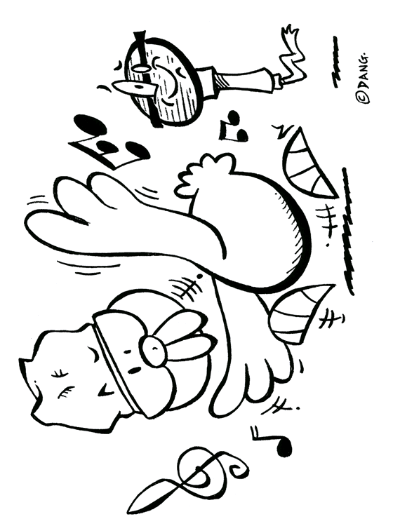 Pour imprimer ce coloriage, cliquer sur le bouton imprimer dans le menu en haut  gauche. Ce coloriage pour enfants reprsente une poule qui danse, un poule qui chante. Cette illustration inspirée de la chanson pour enfants le rap du poulailler est dessine par l'illustrateur Dang.