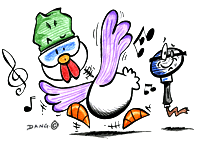 Illustration pour enfants un dessin de Dang à imprimer pour travailler une technique particulière de coloriage, celle de Dang. Une poule chante et danse, il faut secouer les ailes, il faut tirer le cou.