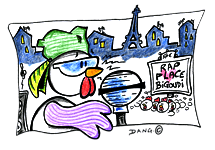 Une poule donne un concert de rap à Paris sur la place Bogoudi. Illustration enfant un dessin de Dang à imprimer pour travailler une technique particulière de coloriage, celle de Dang