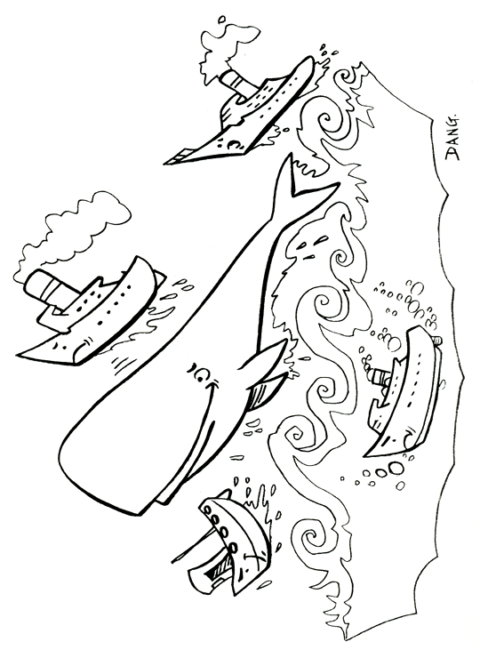 Imprimer ce coloriage pour enfants. Jo le cachalot fait la Java, les bateaux, les cargos dansent, La mer est dmonte, il y a mme un bateau sous l'eau. Accrochez vous pour la java du cachalot. Ce coloriage inspirée de la chanson pour enfants Jo le cachalot est dessin par l'illustrateur de presse Dang, il est offert gratuitement sur coloriages pour enfants.com