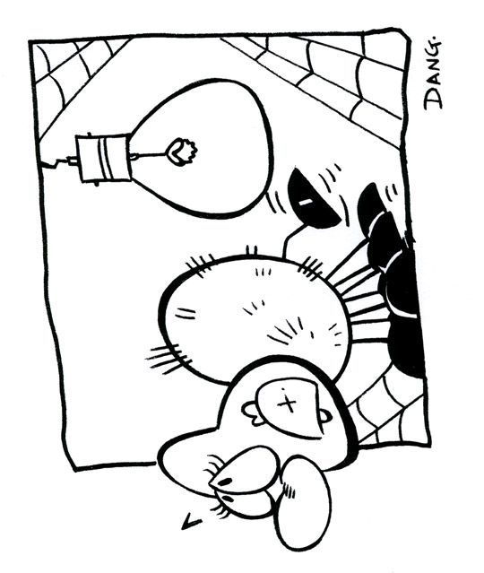 Imprimer ce coloriage pour enfants. Une araigne qui grimpe sur le plafond avec ses 8 grandes pattes et son nez en petite patate. Ce coloriage inspirée de la chanson pour enfants l'araigne est dessin par l'illustrateur de presse Dang, il est offert gratuitement sur coloriages pour enfants.com