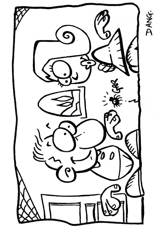 Imprimer ce coloriage pour enfants. Une araigne dans la chambre observe par 2 enfants. Ce coloriage inspirée de la chanson pour enfants l'araigne est dessin par l'illustrateur de presse Dang, il est offert gratuitement sur coloriages pour enfants.com