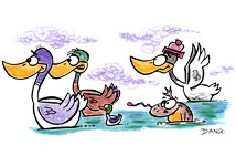 Trois canards, un caneton et Berlingot le crapaud barbotent dans la mare. Illustration pour enfants un dessin de Dang à imprimer pour travailler une technique particulière de coloriage