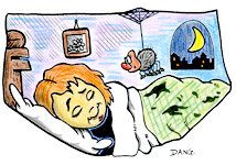 Illustration pour enfants un dessin de Dang à imprimer pour travailler une technique particulière de coloriage, celle de Dang. Un enfant dort, une araignée veille. Belle nuit, la lune brille, tout est calme.