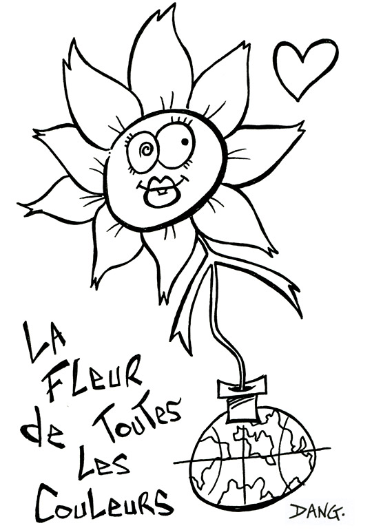 Imprimer ce coloriage pour enfants. La fleur de toutes les couleurs. Ce coloriage inspiré de la chanson pour enfants La Fleur de toutes les Couleurs est dessin par l'illustrateur de presse Dang, il est offert gratuitement sur coloriages pour enfants.com