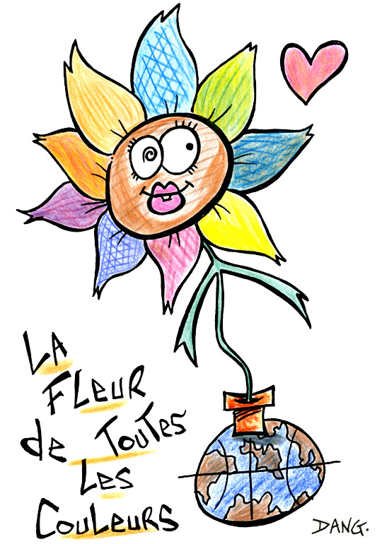 Cliquez sur le bouton imprimer dans le menu en haut  gauche pour une impression de cette illustration pour les enfants. La fleur de toutes les couleurs pour la fte des mres. Cette illustration fantastique est inspirée de la chanson pour enfants La Fleur de toutes les Couleurs. Elle est dessine et colorie par l'illustrateur de presse Dang, elle est offerte gratuitement sur coloriages pour enfants.com.