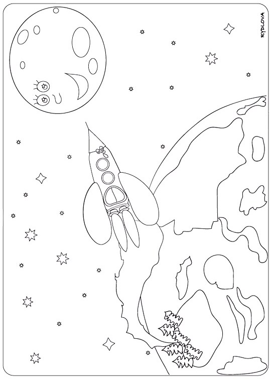 Pour l'impression de ce coloriage, cliquer dans le menu en haut  gauche sur Imprimer. Ce coloriage gratuit vous est offert par Lucie Rydlova, une illustratrice, peintre, sculpteur et infographiste. Vous pouvez vous inspirer de ce modle. La lune sourit  l'approche de la fuse, les toiles brillent dans l'espace. Les sapins rests sur la terre sont un peu tristes. Un coloriage inspir de la chanson pour enfants de Stphy Madame Fuse.