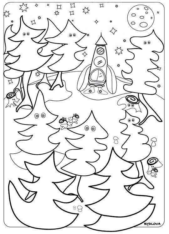 Pour l'impression de ce coloriage, cliquer dans le menu en haut  gauche sur Imprimer. Ce coloriage gratuit vous est offert par Lucie Rydlova, une illustratrice, peintre, sculpteur et infographiste. Vous pouvez vous inspirer de ce modle. Dans une fort de sapins, une fuse est dresse prte au dcollage. La lune et les toiles brillent dans le ciel. Un coloriage inspir de la chanson pour enfants de Stphy Madame Fuse.