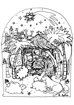 Ce coloriage gratuit vous est offert par Lucie Rydlova, une illustratrice, peintre, sculpteur et infographiste. La naissance de Jésus, Marie, Joseph, l'âne et le boeuf dans la crèche. Un coloriage inspiré de la chanson de Noël Douce Nuit Sainte Nuit.