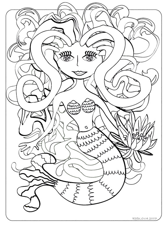 Pour l'impression de ce coloriage, cliquer dans le menu en haut  gauche sur Imprimer. Ce coloriage gratuit vous est offert par Lucie Rydlova, une illustratrice, peintre, sculpteur et infographiste. Si vous plongez tout au fond de la mer vous rencontrerez cette sirne imagine par Lucie Rydlova. Ses cheveux sont comme des serpents et elle a une fleur  la main.