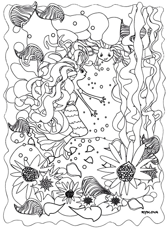 Pour l'impression de ce coloriage, cliquer dans le menu en haut  gauche sur Imprimer. Ce coloriage gratuit vous est offert par Lucie Rydlova, une illustratrice, peintre, sculpteur et infographiste. La maison d'une sirne dans une caverne au milieu des rochers, des fleurs, des algues et des coquillages.