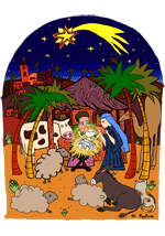Noël dessiné par Rydlova illustratrice enfants, la naissance de Jésus une illustration de la chanson Douce Nuit Sainte Nuit.