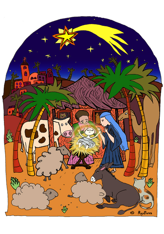 Pour l'impression de cette illustration, cliquer dans le menu en haut  gauche sur Imprimer. Cette illustration gratuite vous est offerte par Lucie Rydlova, une illustratrice, peintre, sculpteur et infographiste. Vous pouvez vous inspirer de ce modle. Avec vos crayons de couleurs,  la peinture, coloriez ou peignez la naissance de Jésus, Marie, Joseph, l'âne et le boeuf dans la crèche. Une illustration inspirée de la chanson de Noël Douce Nuit Sainte Nuit.