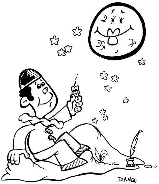 Pour l'impression de ce coloriage, cliquer dans le menu en haut  gauche sur Imprimer. Ce coloriage gratuit vous est offert par Dang, un des meilleurs illustrateur de presse du moment. Avec vos crayons de couleurs, illustrer ce coloriage de la chanson pour enfants au clair de la lune mon ami pierrot.