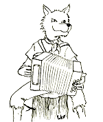 Well. Illustration pour enfants. Un loup, un  accordéon, de la musique, des chansons, un loup accordéoniste. Ce coloriage gratuit vous est offert par Well, un illustrateur pour enfants qui est de plus chanteur pour enfants. Avec vos crayons de couleurs, illustrez ce coloriage de la chanson pour enfants la valse des loups.