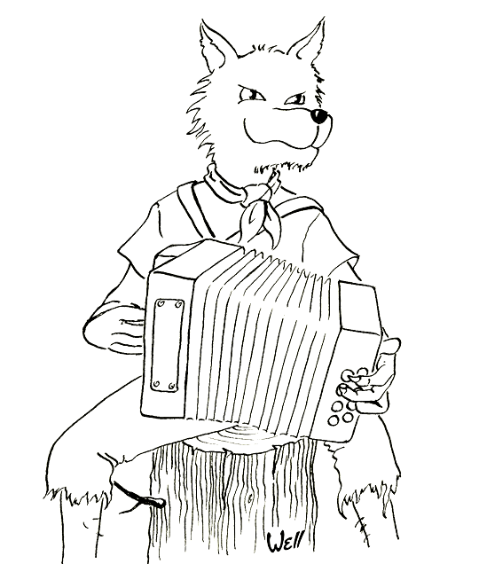 Pour l'impression de ce coloriage, cliquer dans le menu en haut à gauche sur Imprimer. Un loup, un  accordéon, de la musique, des chansons, un loup accordéoniste. Ce coloriage gratuit vous est offert par Well, un illustrateur pour enfants qui est de plus chanteur pour enfants. Avec vos crayons de couleurs, illustrez ce coloriage de la chanson pour enfants la valse des loups.