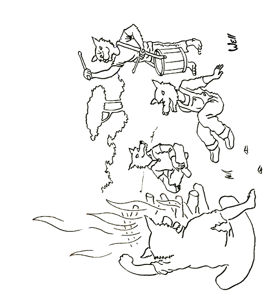 Pour l'impression de ce coloriage, cliquer dans le menu en haut à gauche sur Imprimer. Les loups autour du feu de camp dans la forêt. Un loup joue du tambour. Ce coloriage gratuit vous est offert par Well, un illustrateur pour enfants qui est de plus chanteur pour enfants. Avec vos crayons de couleurs, illustrez ce coloriage de la chanson pour enfants la valse des loups.