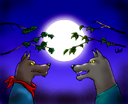 Well. Illustrations enfants. Blanche la lune et les loups face  face. Cette illustration gratuite vous est offert par Well, un illustrateur pour enfants qui est de plus chanteur pour enfants. Allez imprimer le coloriage et avec vos crayons de couleurs, reproduisez ce dessin de la chanson pour enfants la valse des loups à votre convenance.