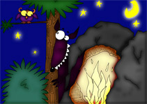 Illustration pour enfants. Le loup sympa dans son antre, trois bouts de rocher, j'me cache au fond. Une chouette surveille du haut de son arbre. Cette illustration gratuite vous est offerte par Ane Pô 2 Banane, une illustratrice pour enfants.