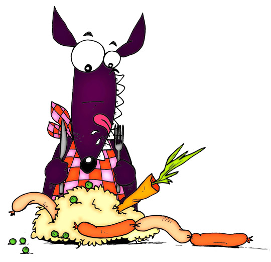 Pour l'impression de cette illustration, cliquer dans le menu en haut à gauche sur Imprimer. Le repas du loup sympa. Bien sr je mange quelques fois, choucroute carottes ou petits pois et de la viande. Cette illustration gratuite vous est offerte par Ane Pô 2 Banane, une illustratrice pour enfants.
