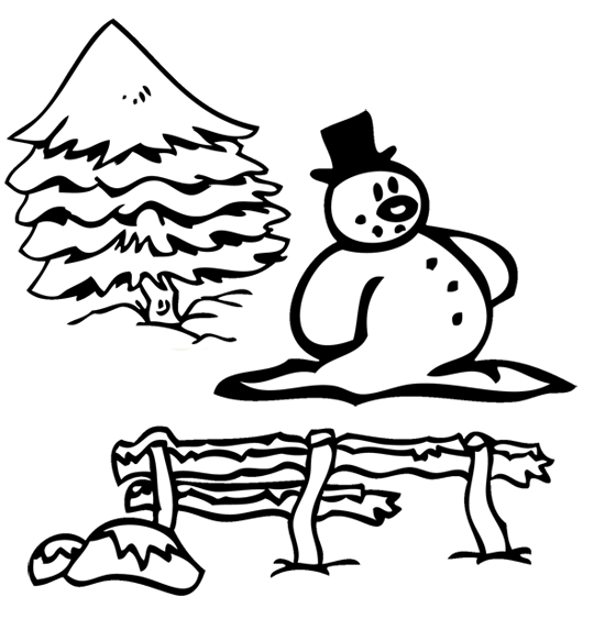 Coloriage Noël, Le bonhomme de neige dans la forêt enneigée. La chanson