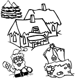 Un coloriage de Noël dessiné par dang illustrateur jeunesse, un village de Noël et le père Noël enfoncé dans la neige.
