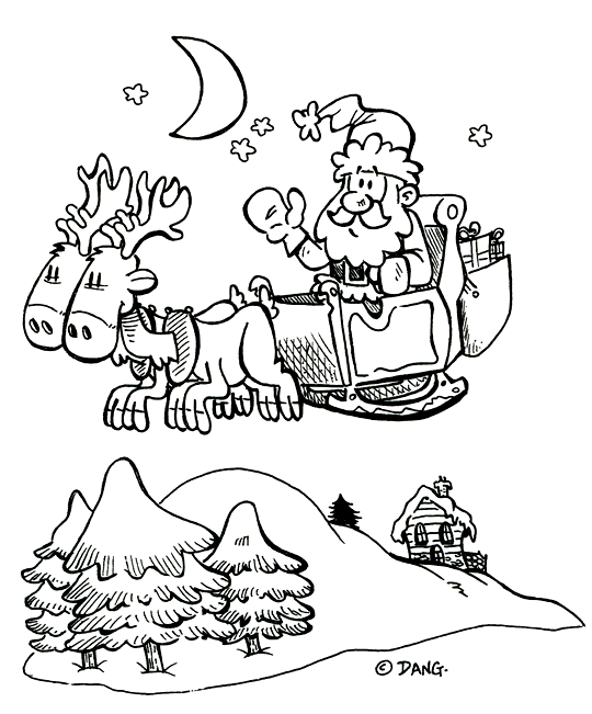 Pour l'impression de ce coloriage, cliquer dans le menu en haut à gauche sur Imprimer. Le père Noël dans le ciel sur son traîneau tiré par les rennes. Ce coloriage gratuit vous est offert par Dang, l'illustrateur jeunesse qui dessine pour les enfants. Avec vos crayons de couleurs ou à la peinture, coloriez ou peignez le coloriage de la chanson de Noël Jingle Bells.