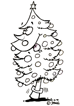 Un coloriage de Noël dessiné par dang illustrateur jeunesse, un sapin de Noël et ses boules de toutes les couleurs.