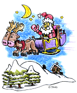 Un dessin de Noël illustré par dang dessinateur jeunesse, un Père Noël sur son traîneau tiré par les rennes.